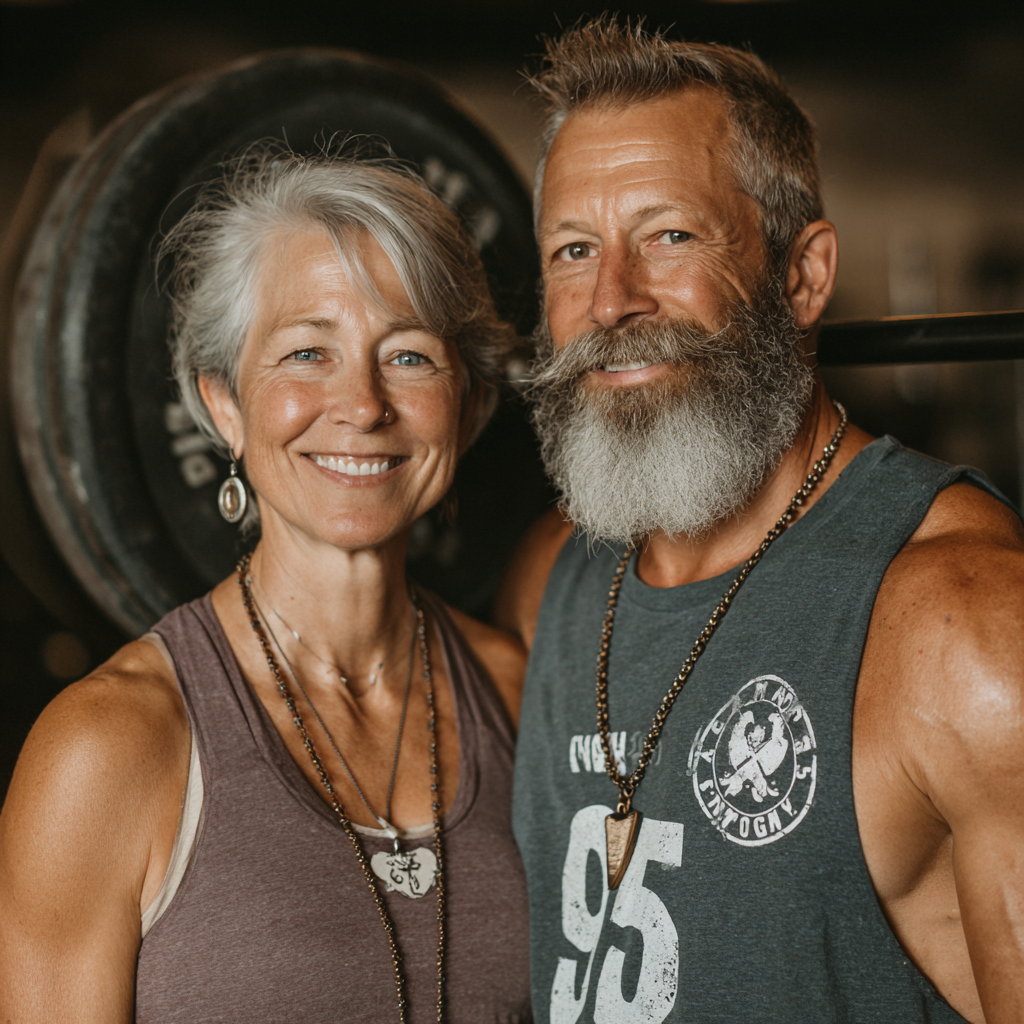 Bărbat și femeie în vârstă de 55 de ani antrenându-se împreună la welfornek, zâmbind și ridicând greutăți