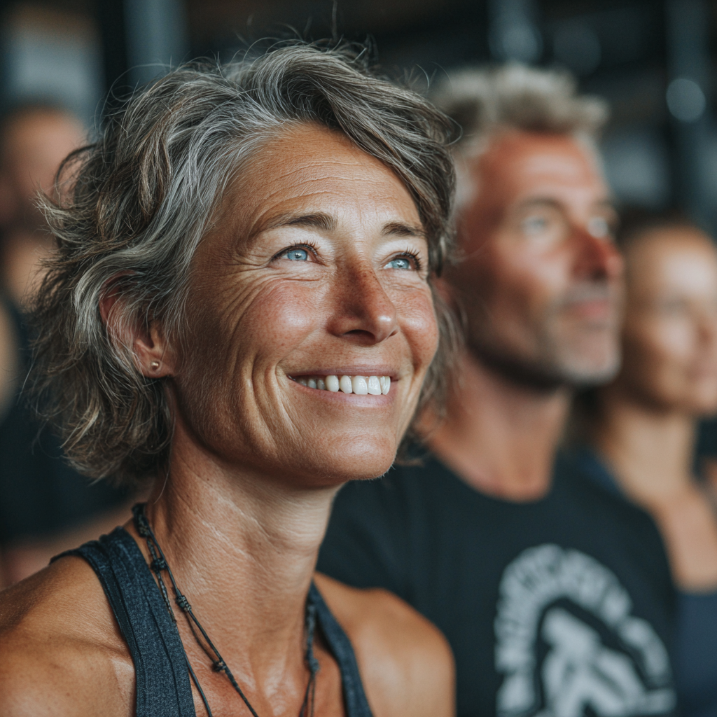 Grup de adulți în vârstă de 50-60 de ani zâmbind după o sesiune de antrenament reușită la welfornek, cu o atmosferă pozitivă și motivațională