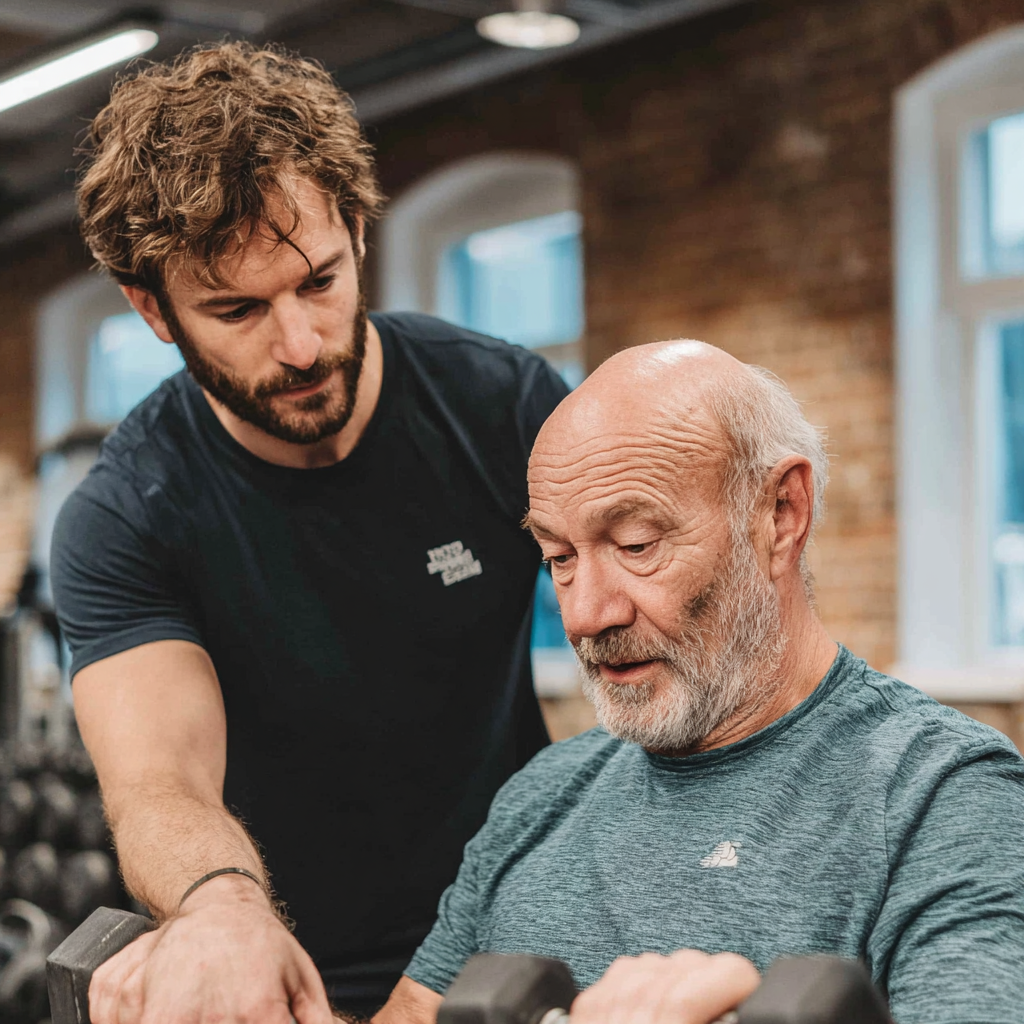 Antrenor personal lucrând cu un bărbat în vârstă de 52 de ani la welfornek, ghidându-l prin exerciții personalizate